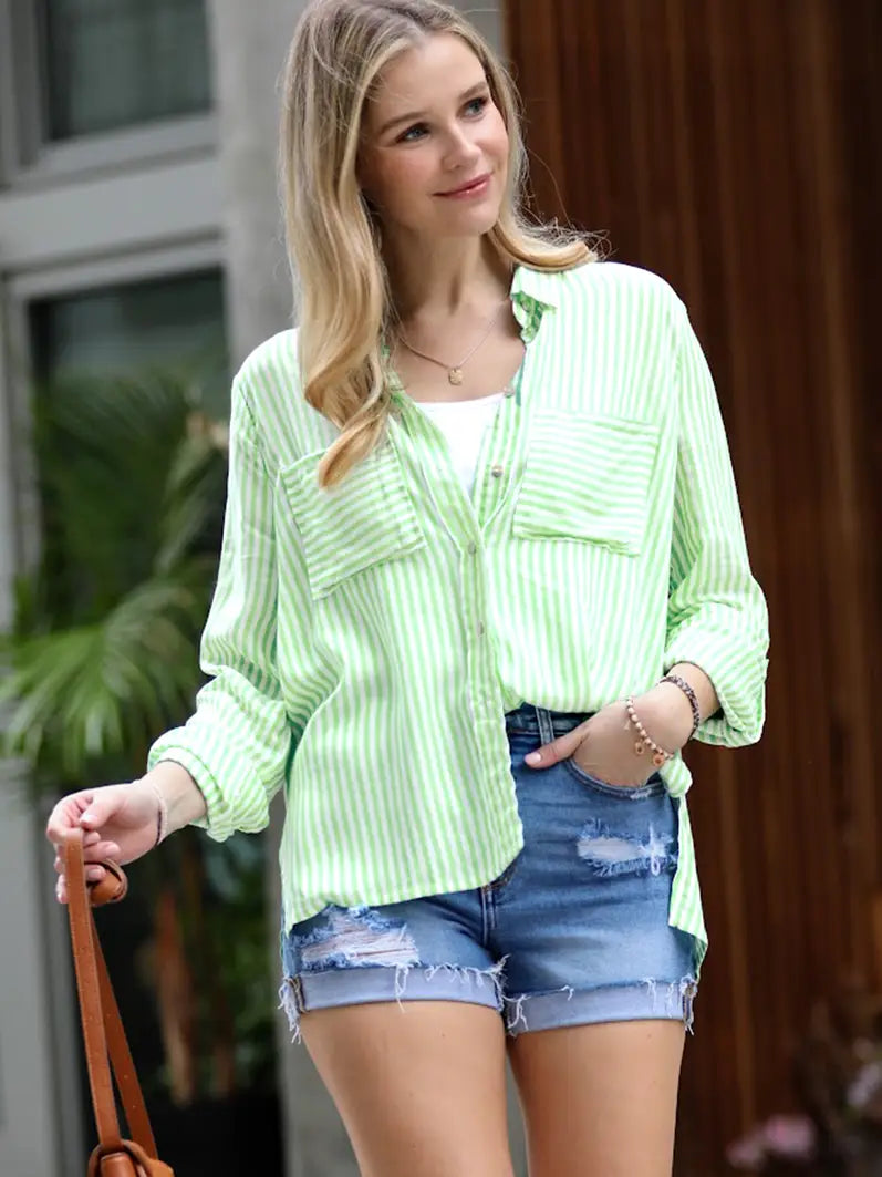 Lime Striped Roll Up Sleeve Shirt