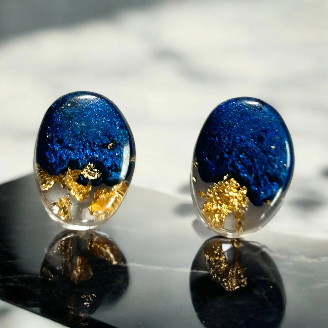 Navy and Gold Resin Stud Earrings