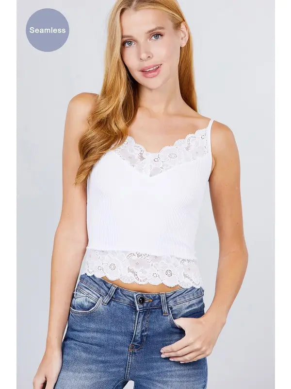 White V-Neck with Lace Detail Rib Seamless Cami Top