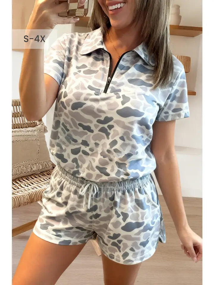 Camo Polo Collar T Shirt and Shorts Set