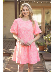 BRIGHT Coral Floral Embroidered Gingham Bubble Sleeve Dress