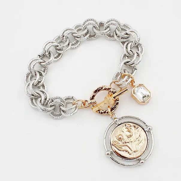 Silver Layered Chain with Silver and Gold Coin Charm Toggle Bracelet