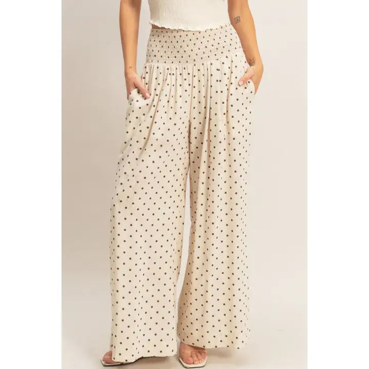 Polka Dot Elastic Wide-Leg Pants in Oatmeal