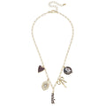 Necklace featuring a chain with multiple charms, including a heart and a 'Seminoles' charm, with an adjustable length.