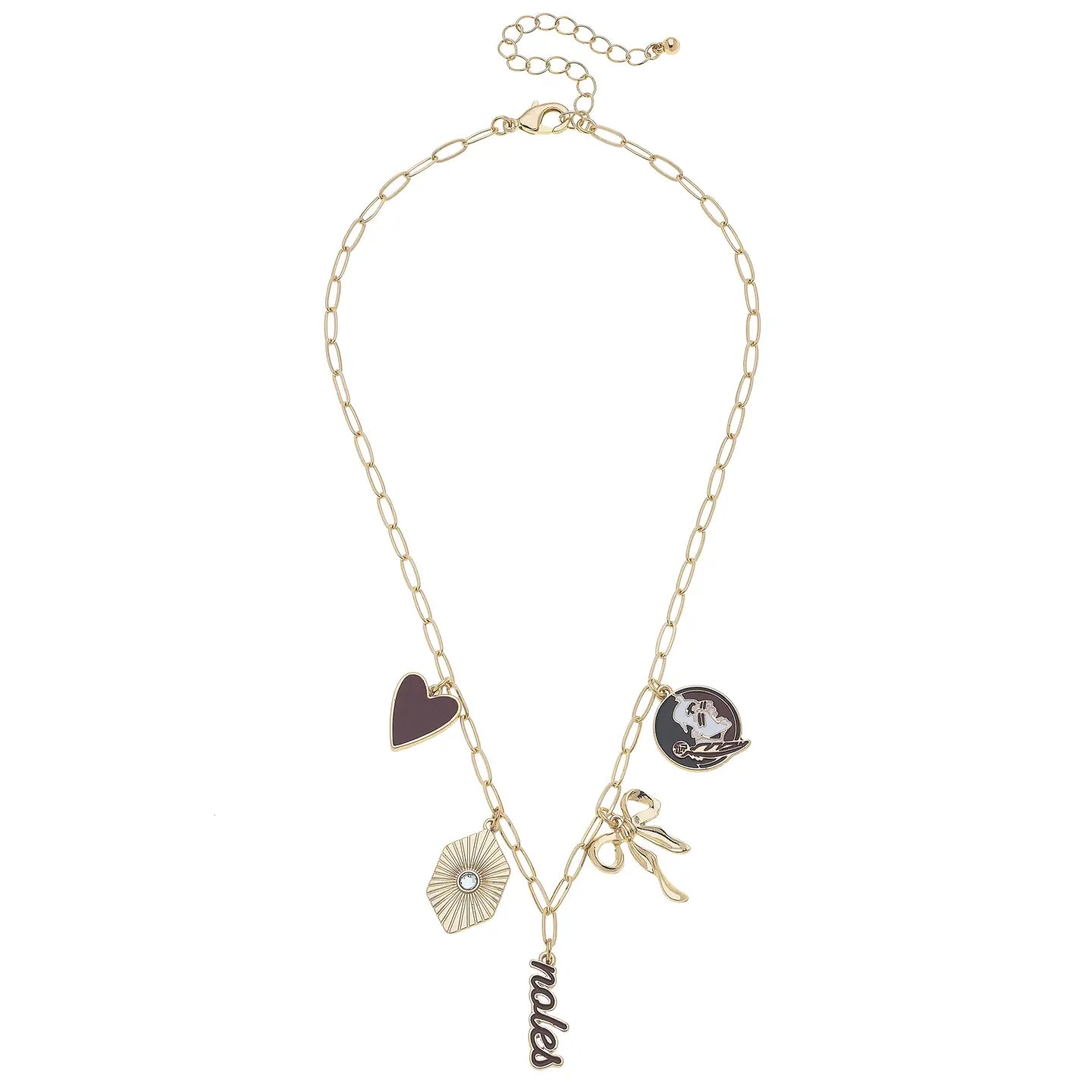 Necklace featuring a chain with multiple charms, including a heart and a 'Seminoles' charm, with an adjustable length.