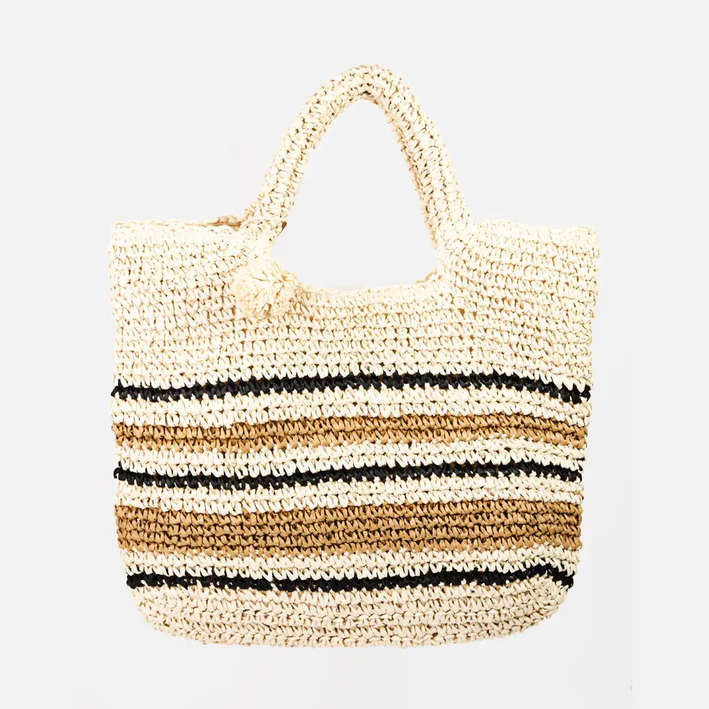 Striped Straw Braided Tote Bag