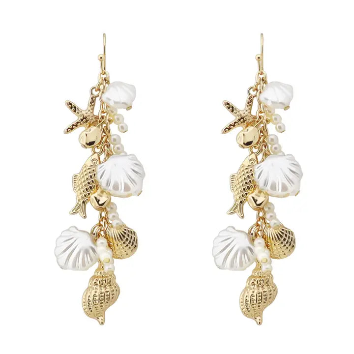 Gold Sealife and Pearl Charm 2" Earring
