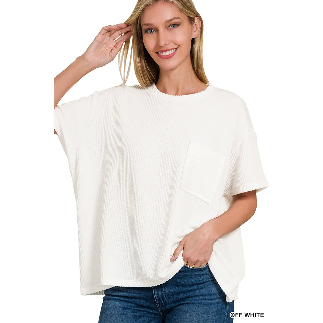 Rib Short Sleeve Front Pocket Top IN OFF WHITE