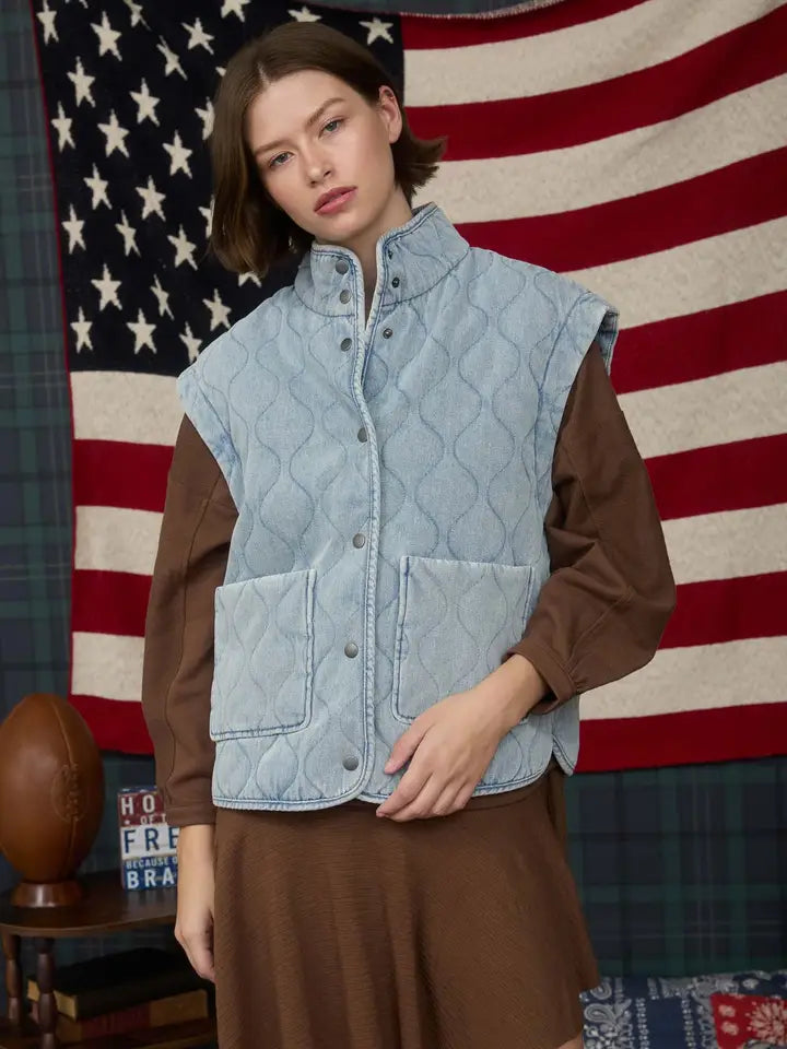 Washed Denim Quilted Button Down Vest