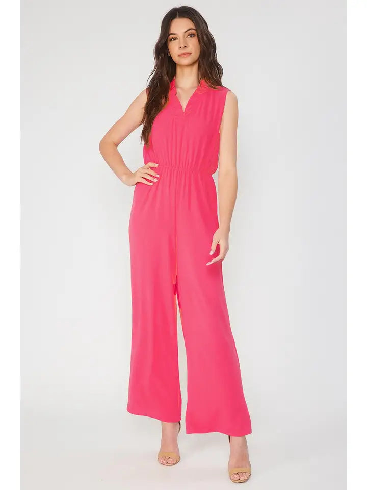 Hot Pink Ruffled V Neck Jumpsuit with Elastic Waistband