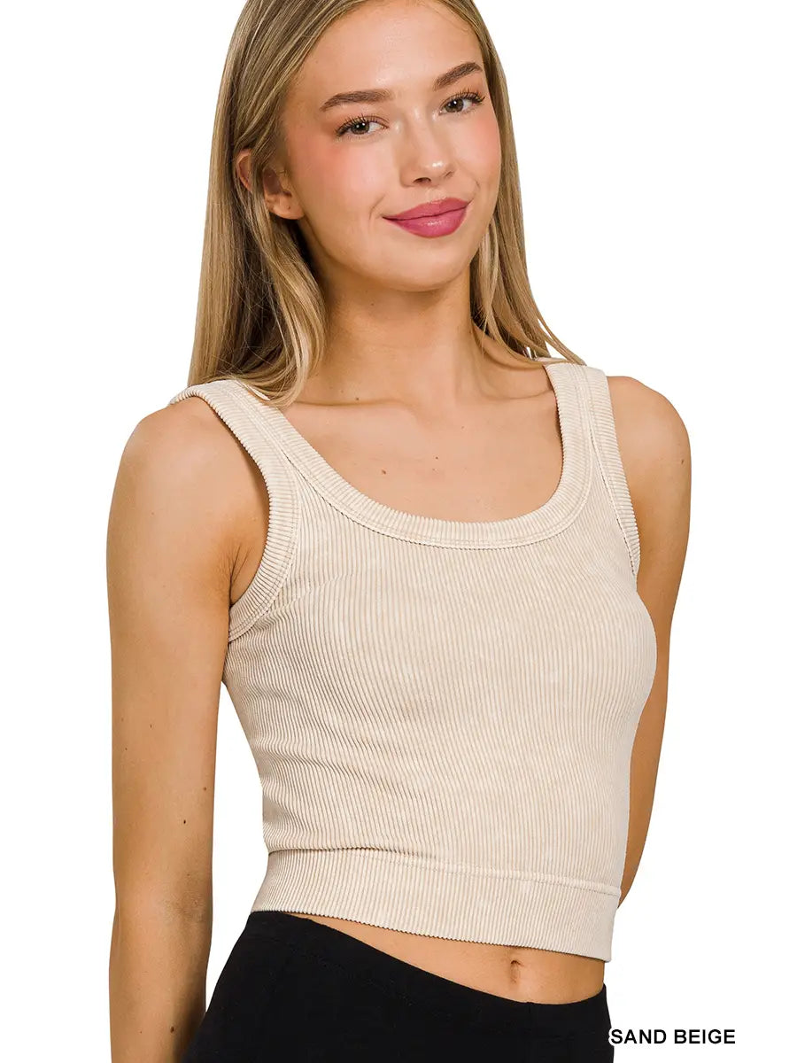 BEIGE Double Scoop Neck Washed RIBBED TANK