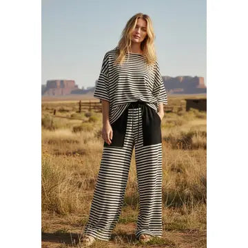 Striped Knit pants Set in Ivory and Black
