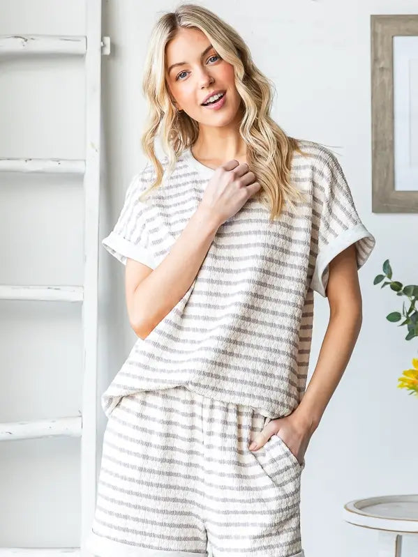 Cream and Taupe Jacquard Stripe Textured Set