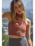 Knit Ribbed Seamless Mock Neck Sleeveless Crop Top in Chestnut Brown