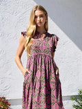 Moss Green and Pink Flutter Sleeve Tiered Dress