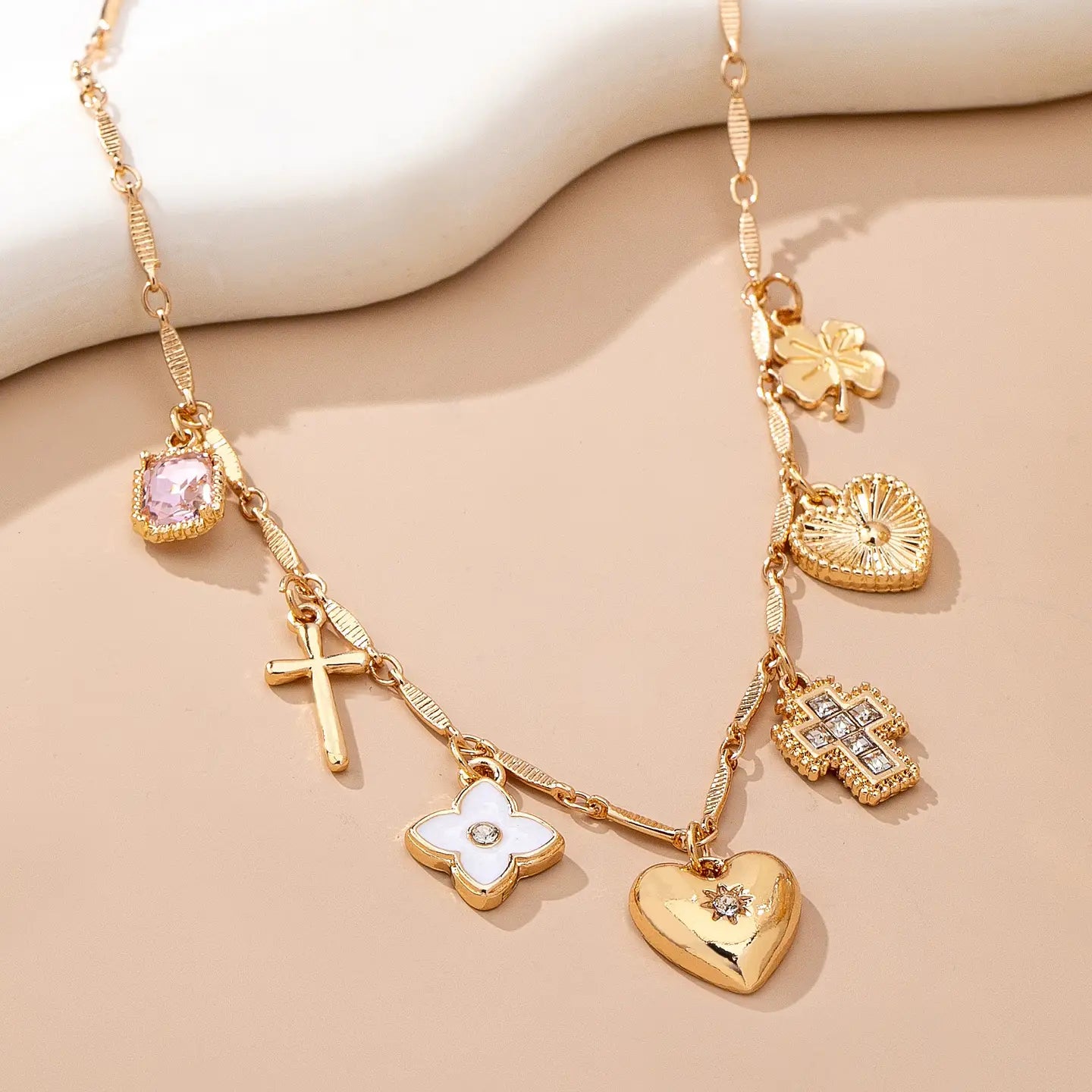 Gold Plated Cross Heart Flower Charm Necklace