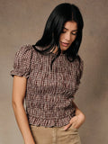 Taupe and Wine Smocked Plaid Puff Short Sleeve Ruffle Top