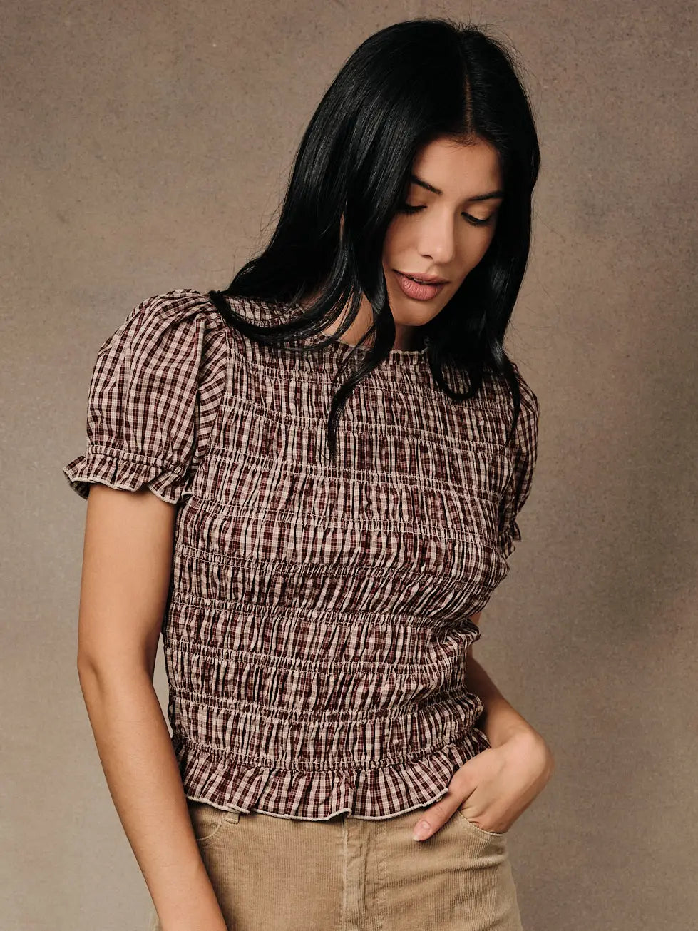 Taupe and Wine Smocked Plaid Puff Short Sleeve Ruffle Top