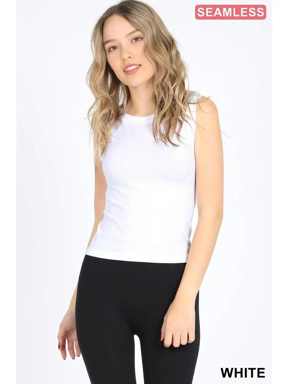 WHITE SEAMLESS ROUND NECK SHELL TANK - ZENANA