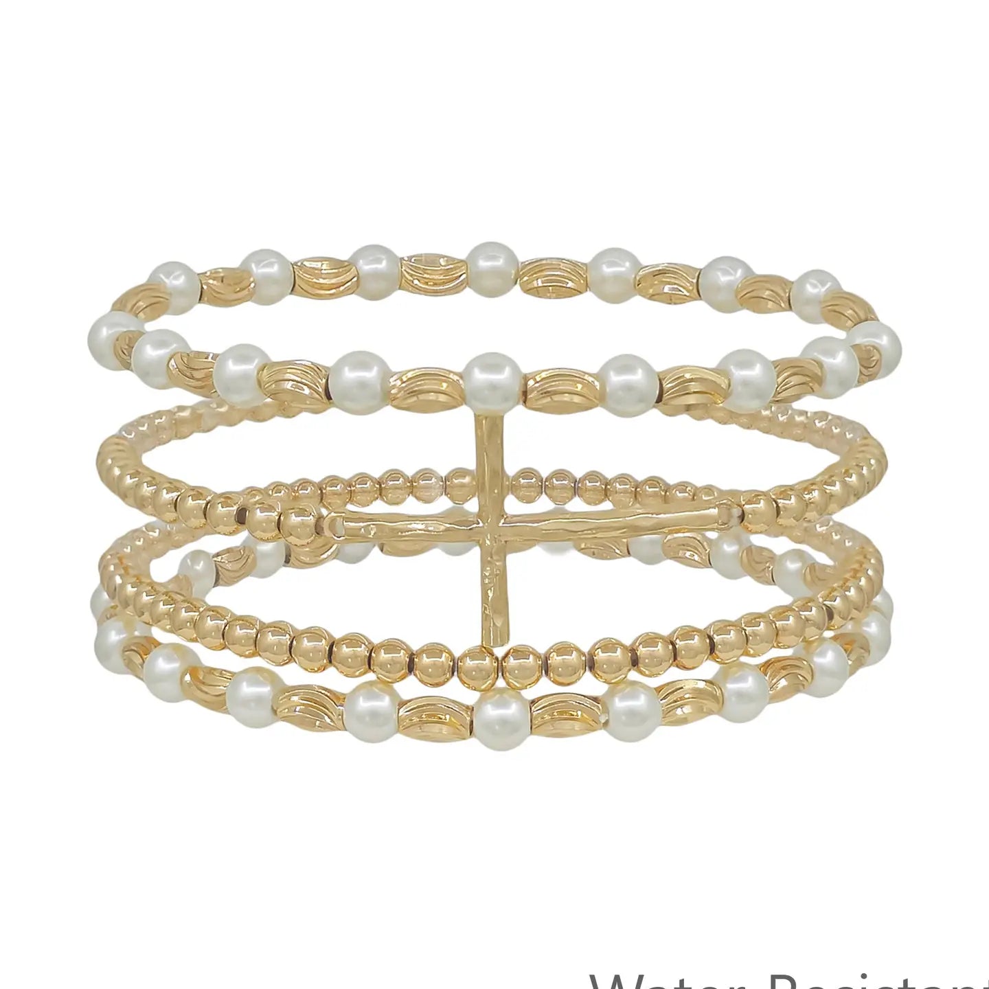 Water Resistant Set of 4 Gold and Pearl Beaded with Thin Cross Stretch Bracelets