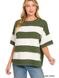Army Green French Terry Striped Exposed Seam Top