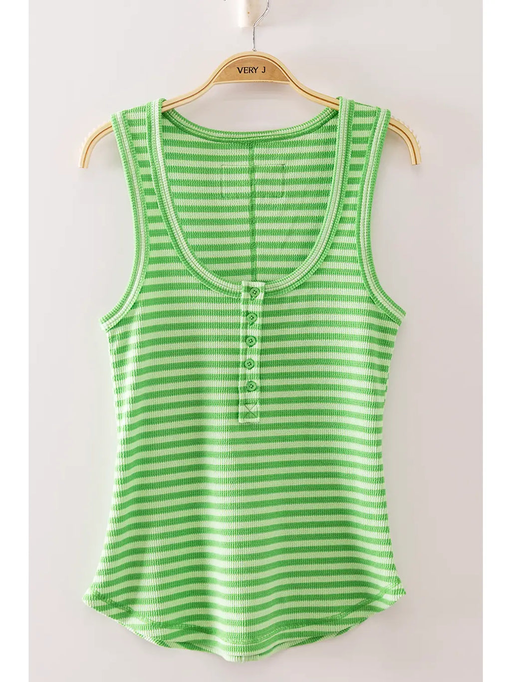 Bright Green Striped & Solid Button Down Fitted Knit Tank Top