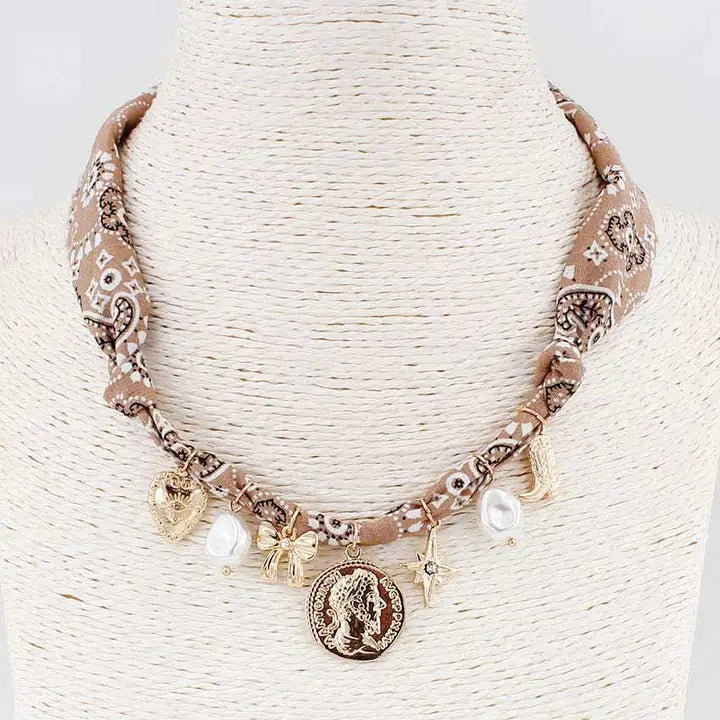 Brown Knotted Scarf Necklace with Coin, Bow, and Pearl Charms