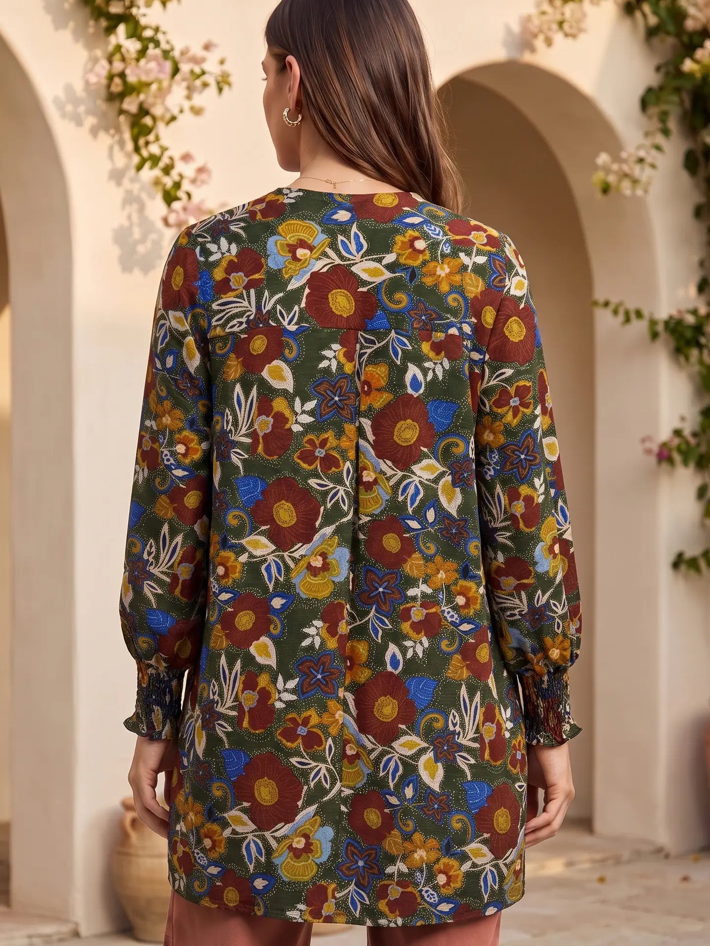 Open Front Smocked Sleeve Flowy Cardigan