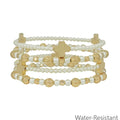 Water Resistant Pearl and Gold Beaded with Cross Set of 4 Stretch Bracelets