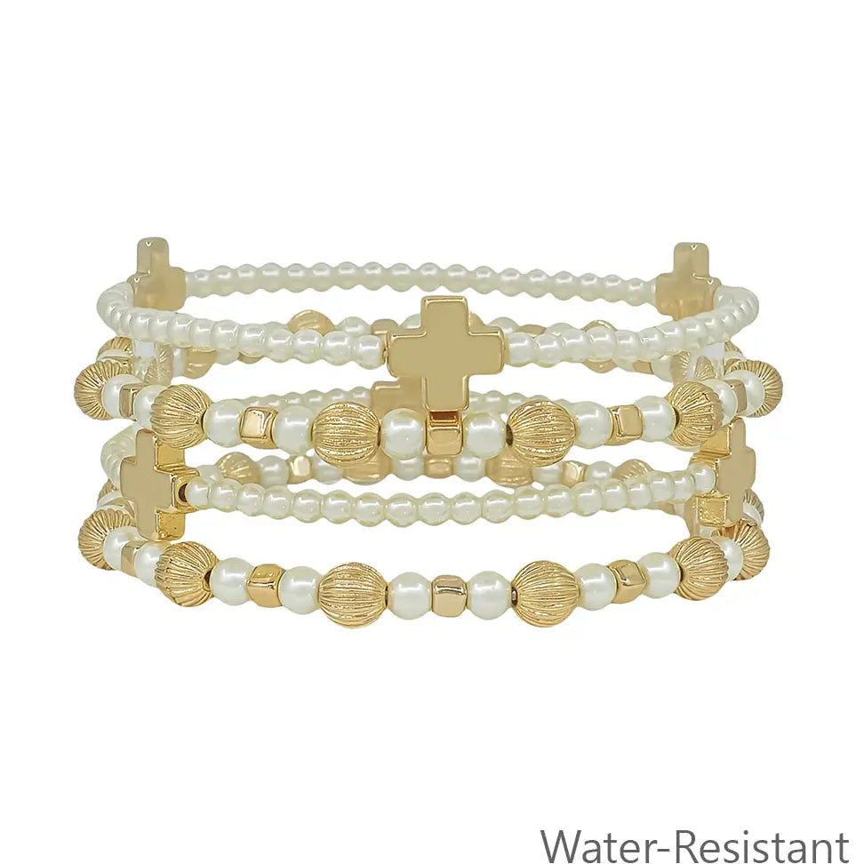 Water Resistant Pearl and Gold Beaded with Cross Set of 4 Stretch Bracelets