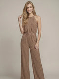 Brown and Beige Stripe Jacquard Jumpsuit