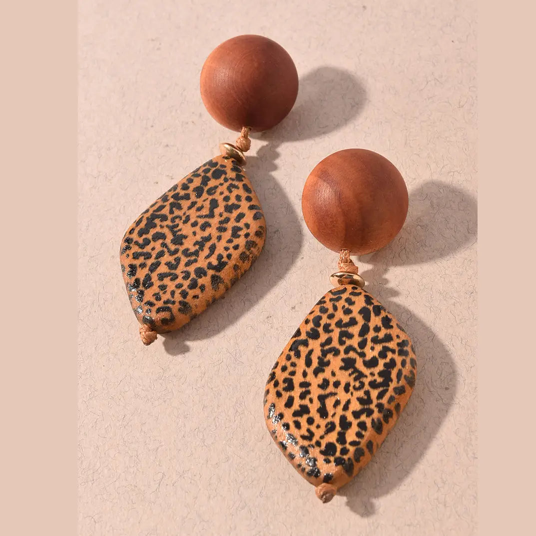 Leopard Print Wood Beaded Statement Drop Earrings