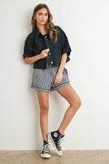 Black Denim Button Front Cropped Shirt