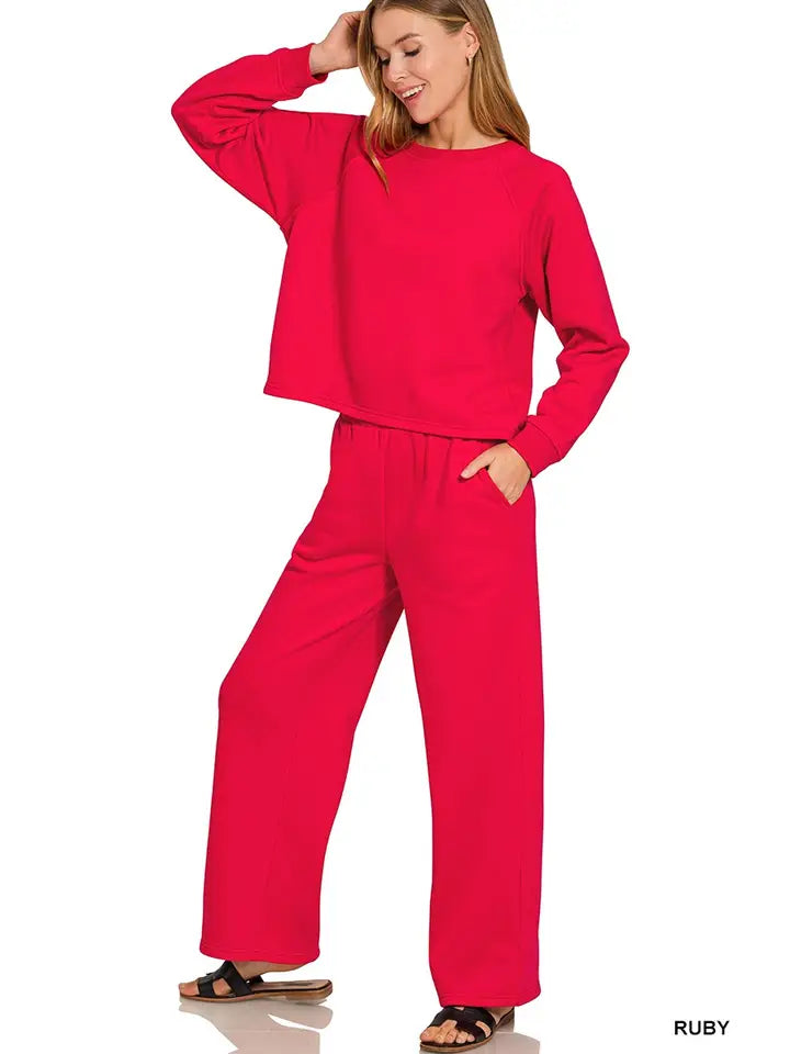 Fleece Raglan Sleeve Pullover and Sweatpants Set in Ruby