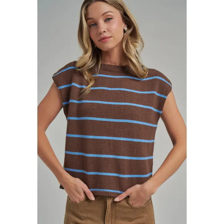 Chocolate and Blue Stripe Sweater Vest Top