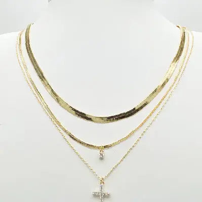 Triple Snake Chain with Rhinestone Cross 16"-18" Necklace