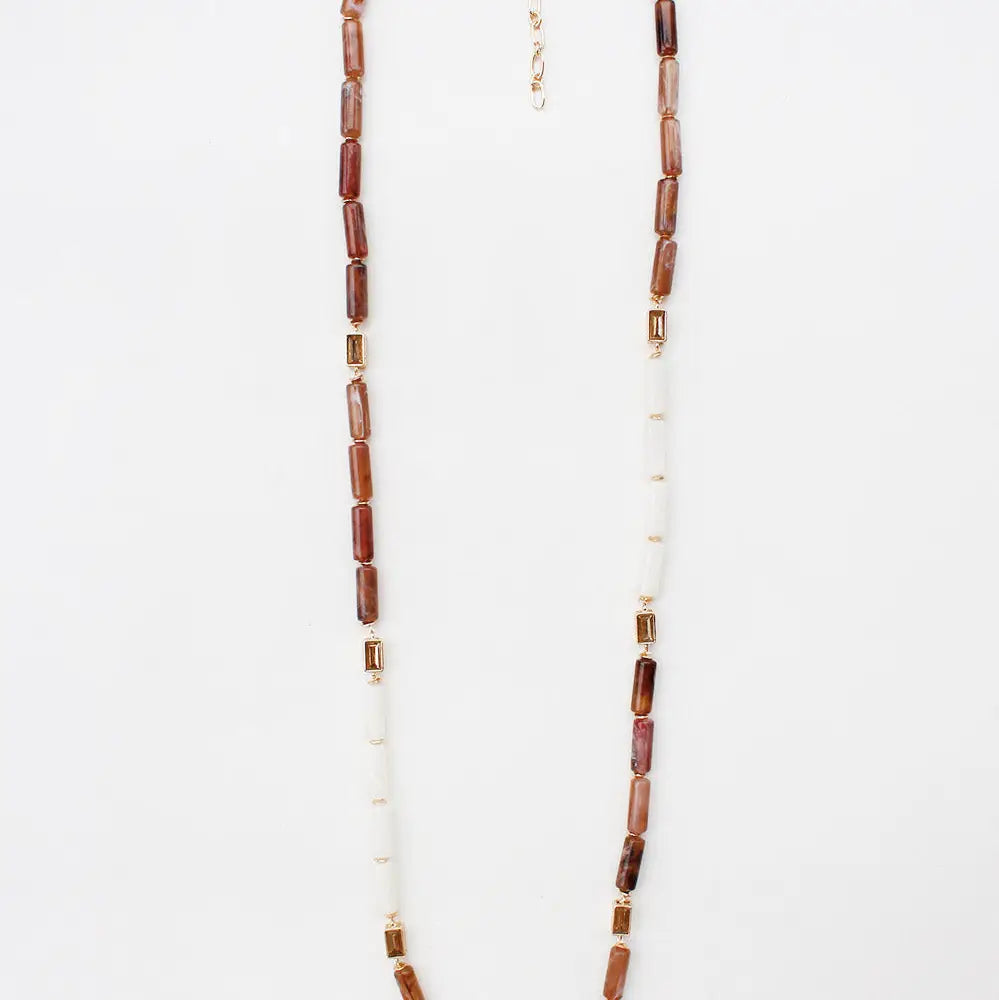 Brown and White Oval Stone Glass Beaded 32" Necklace