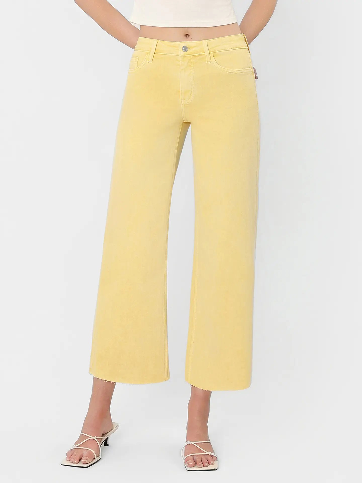 Vervet High Rise Baby Yellow Color Crop Wide Leg Jeans