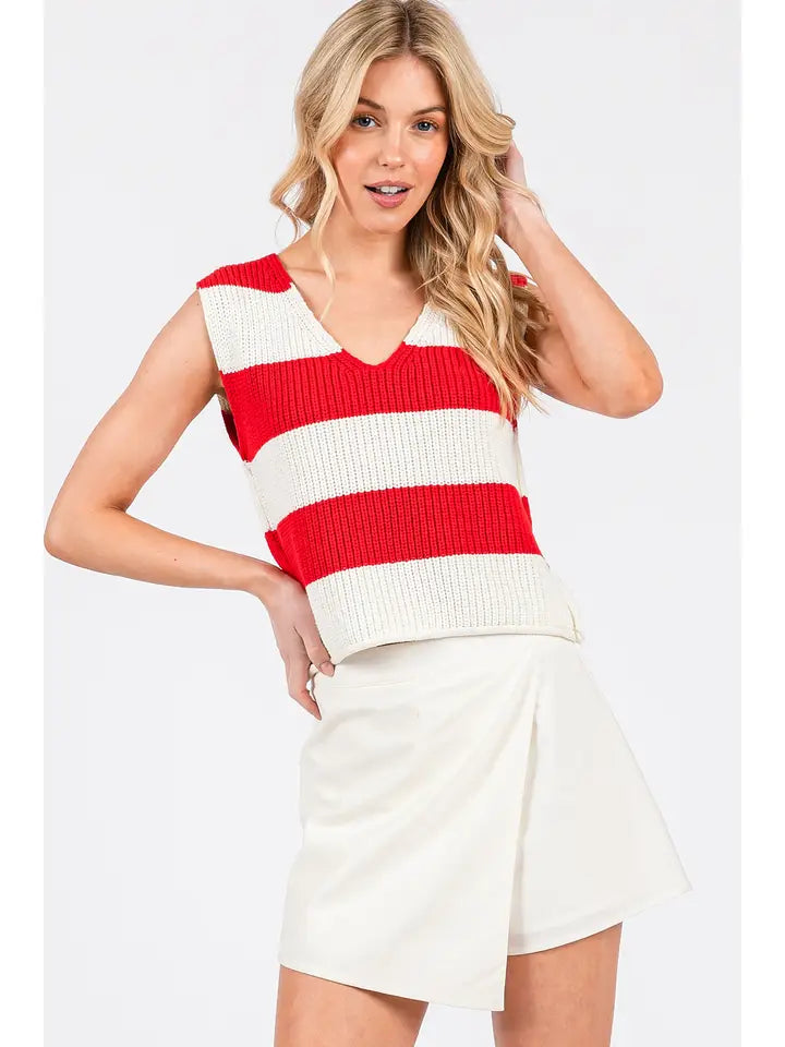 Red Striped V-Neck Sweater Vest Top