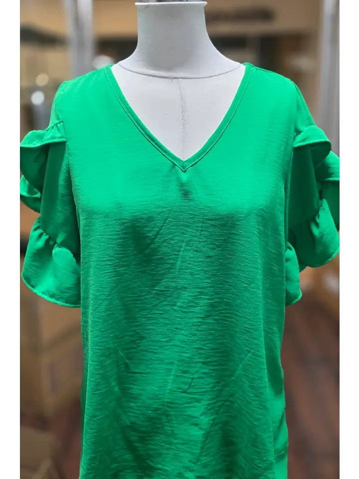 Green Ruffled Tulip Sleeve V Neck Top