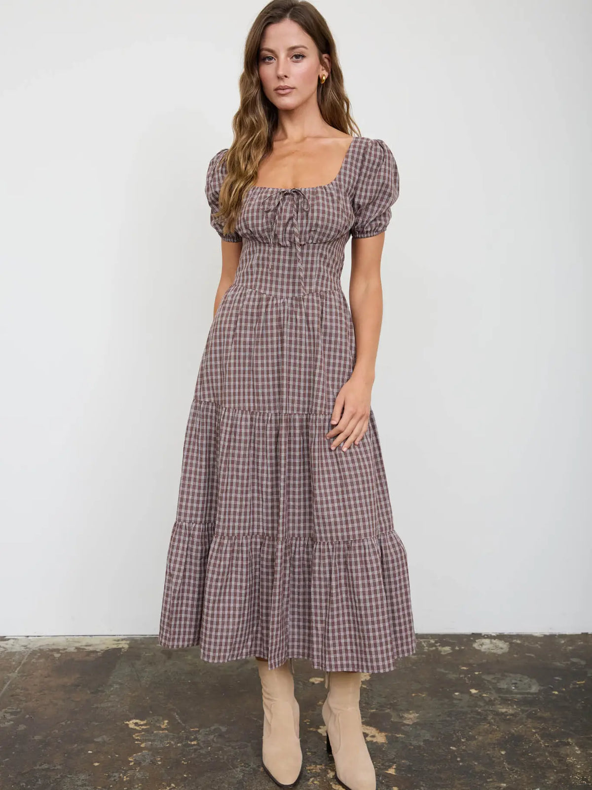 Plaid Puff Sleeve Corset Detail Tiered Midi Dress