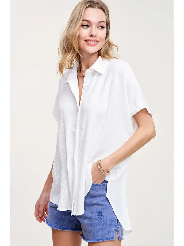 White Textured Fabric Short Sleeve Button Down Shirt