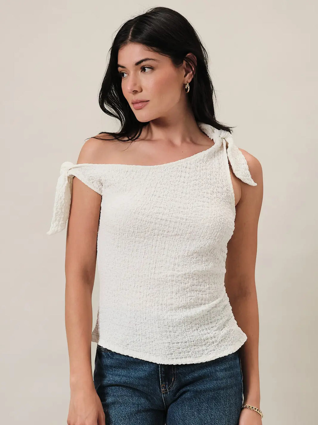Ivory One Shoulder Off Tie Shoulder Side Ruched Textured Knit Top