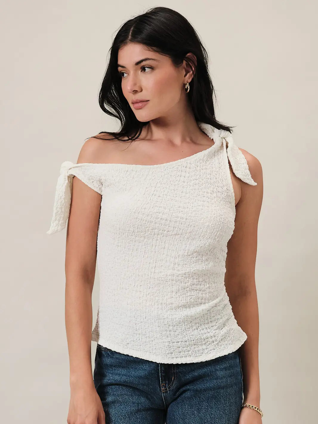 Ivory One Shoulder Off Tie Shoulder Side Ruched Textured Knit Top