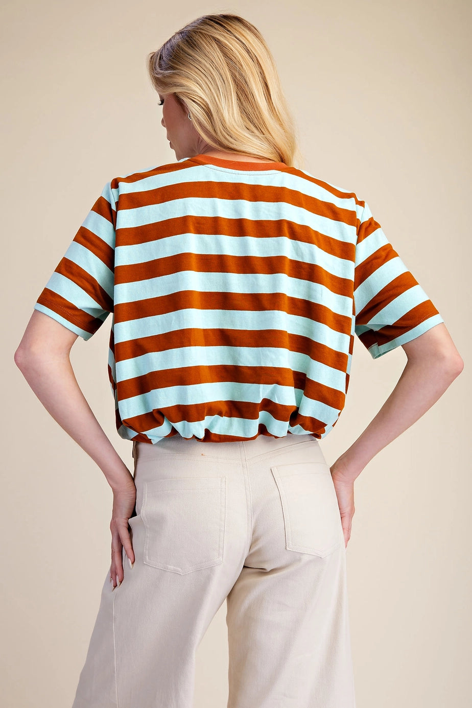 CAMEL MINT CROPPED STRIPE BUBBLE TOP
