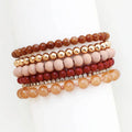 Set of 5 Brown and Rose Beaded Stretch Bracelets