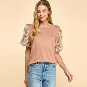 Solid Top with Multi-Fabric Short Sleeves