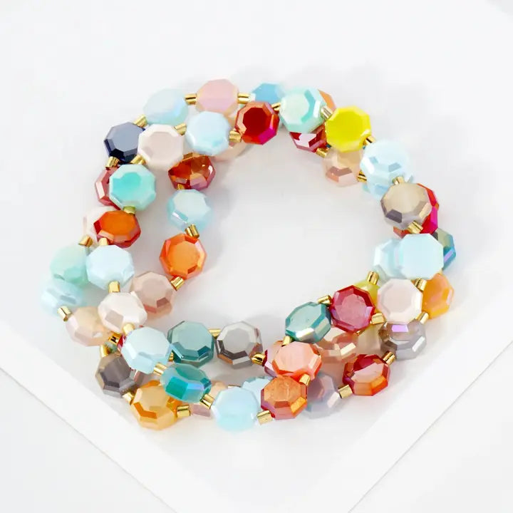 3-PC-Set 8mm Faceted Octagon Glass-Beaded Stackable Stretch Bracelet