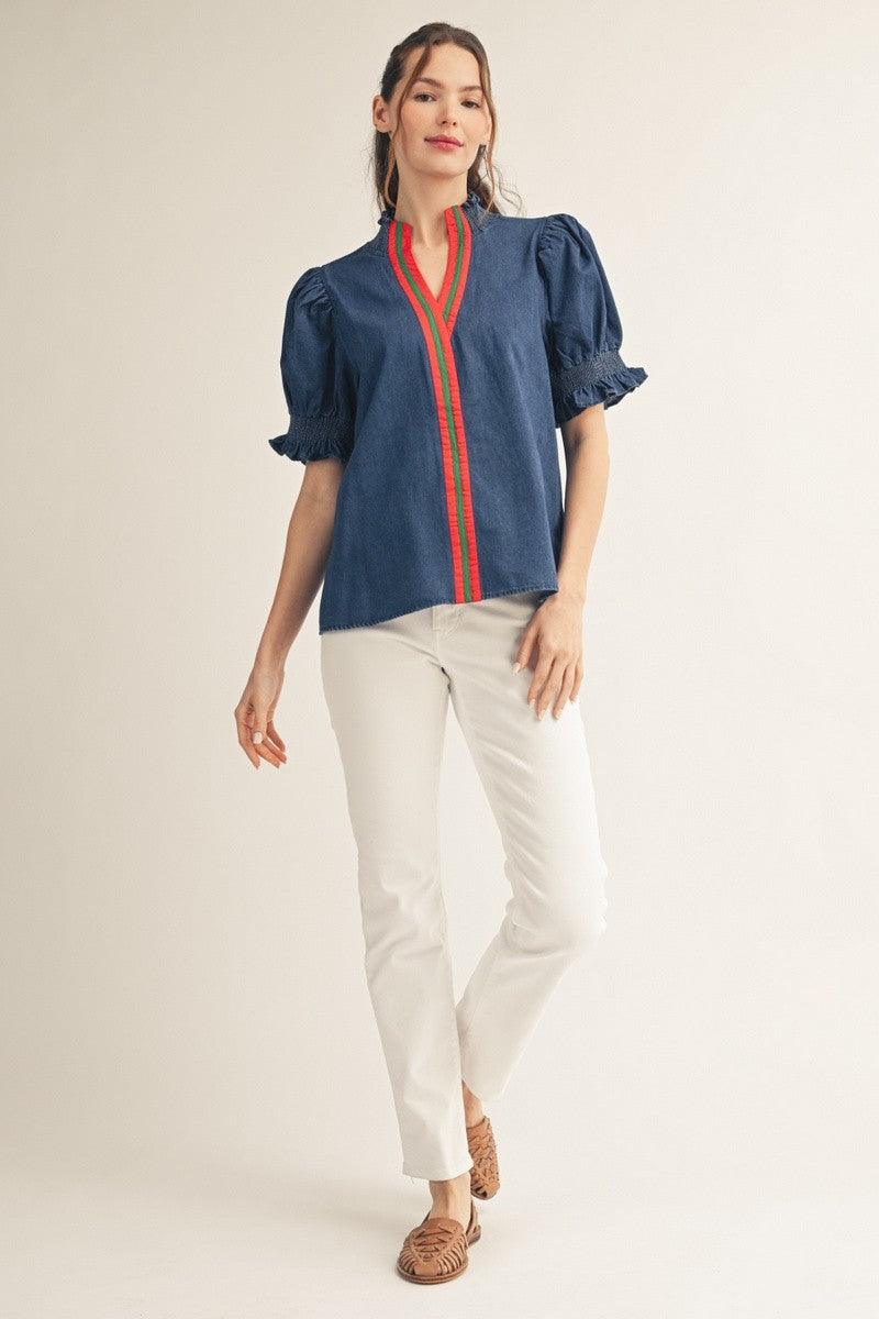 Contrast Detail puff sleeve Denim Top