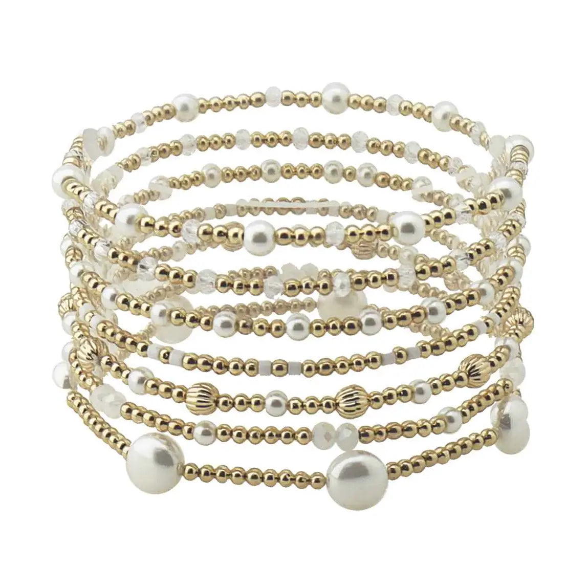 Set of 7 Gold Beaded and Pearl Stretch Bracelets
